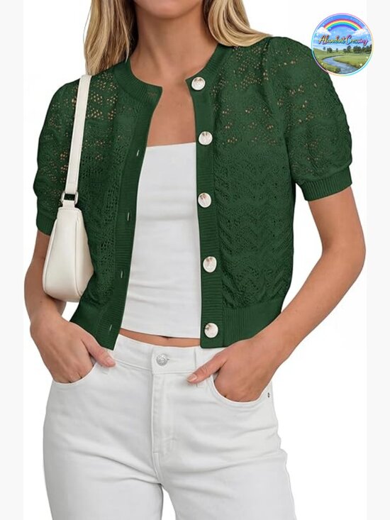 Sweaters - Women Crochet Puff Short Sleeve Cardigan Lightweight Spring Cropped Button Up